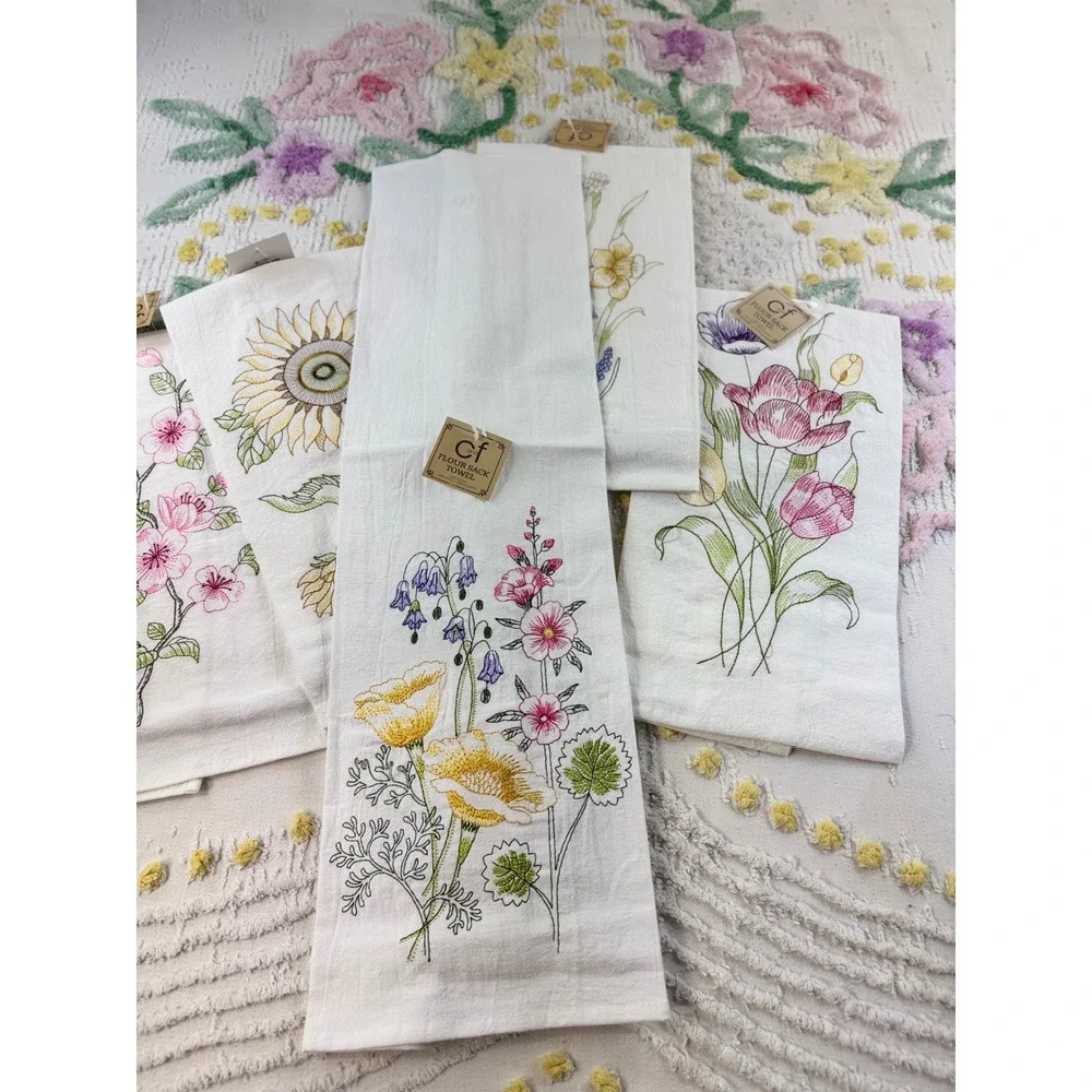 C&F Home Floral Embroidered Flour Sack Kitchen Towels Set of 5 Cotton White New